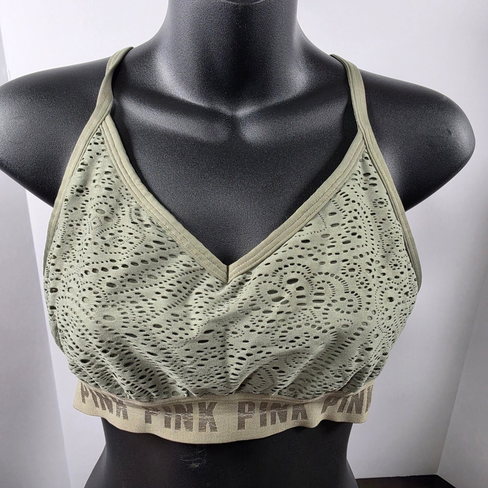 PINK Women Bra M Green Ultimate Lightly Lined Bralette Wireless Lace Logo
